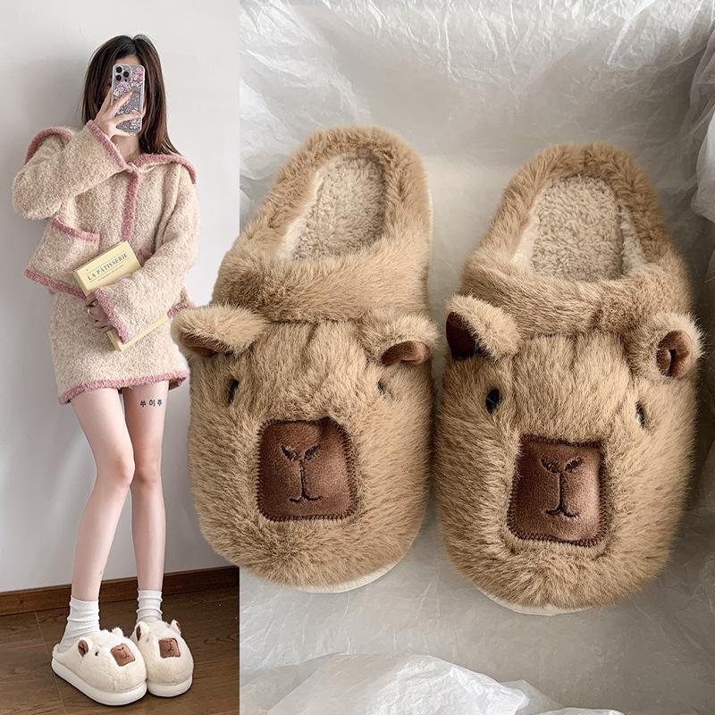 Women's Baotou plush slippers cartoon padded warm winter thick bottom heightened home slippers casual walking indoor shoes snow cotton slippers