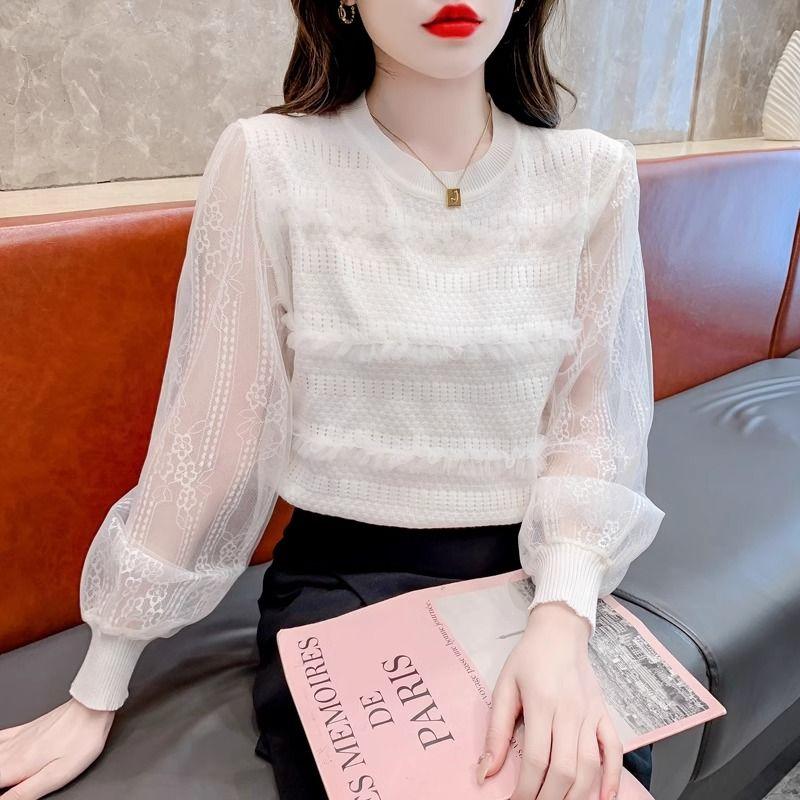 

Fashion Knit Base Layer Women s Summer Fashion Patchwork Lace Blouse Versatile Pullover Top XL білий