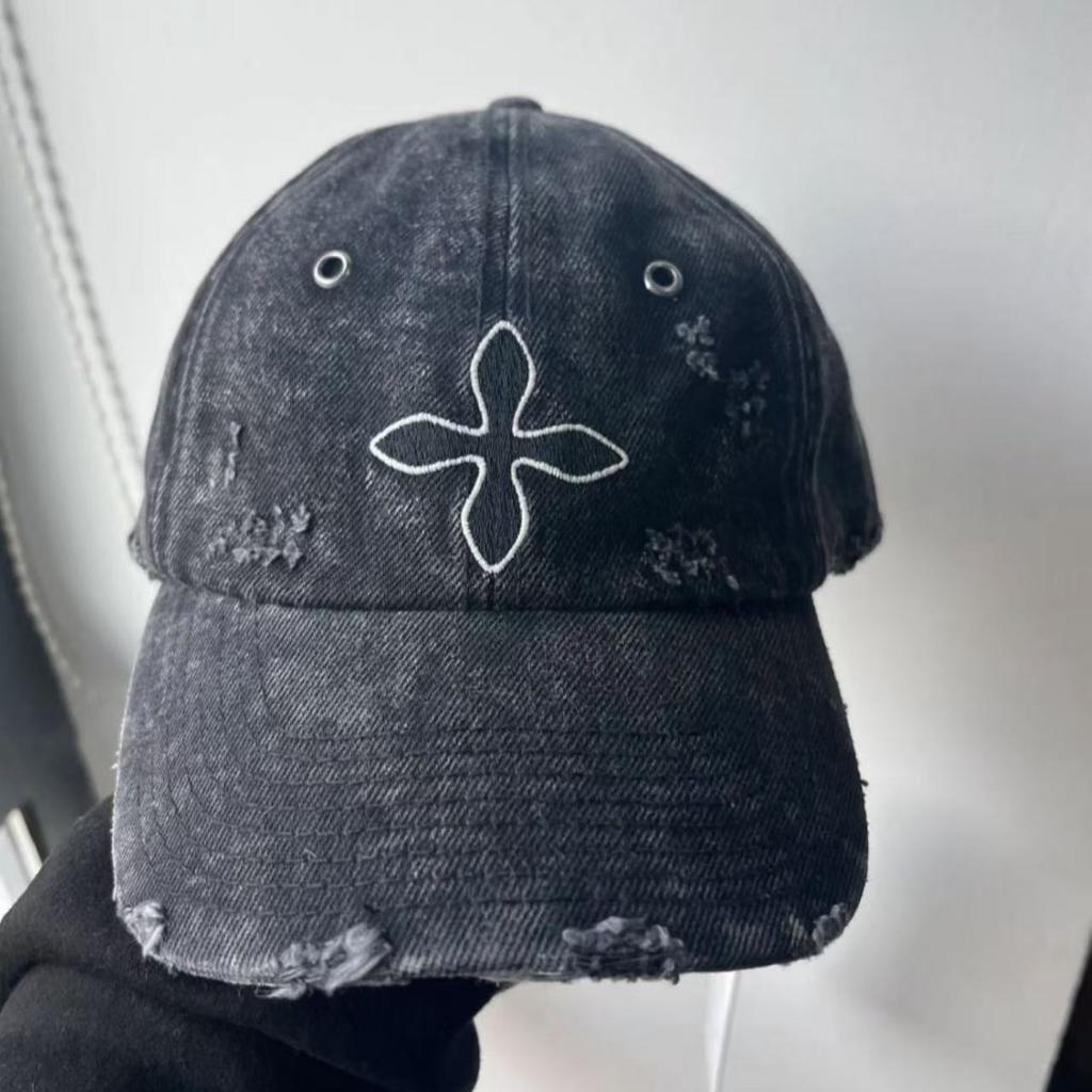SK Cross flower baseball cap with embroidered letters, casual sports retro denim baseball cap with adjustable sunshade and curved brim
