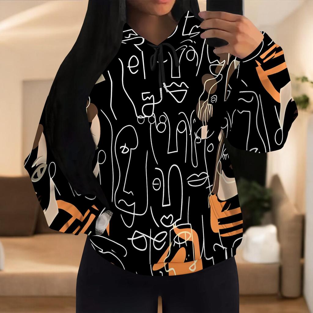 European & American Women's Casual Printed Black Hooded Sweatshirt with Patch Pocket - Drawstring MH612