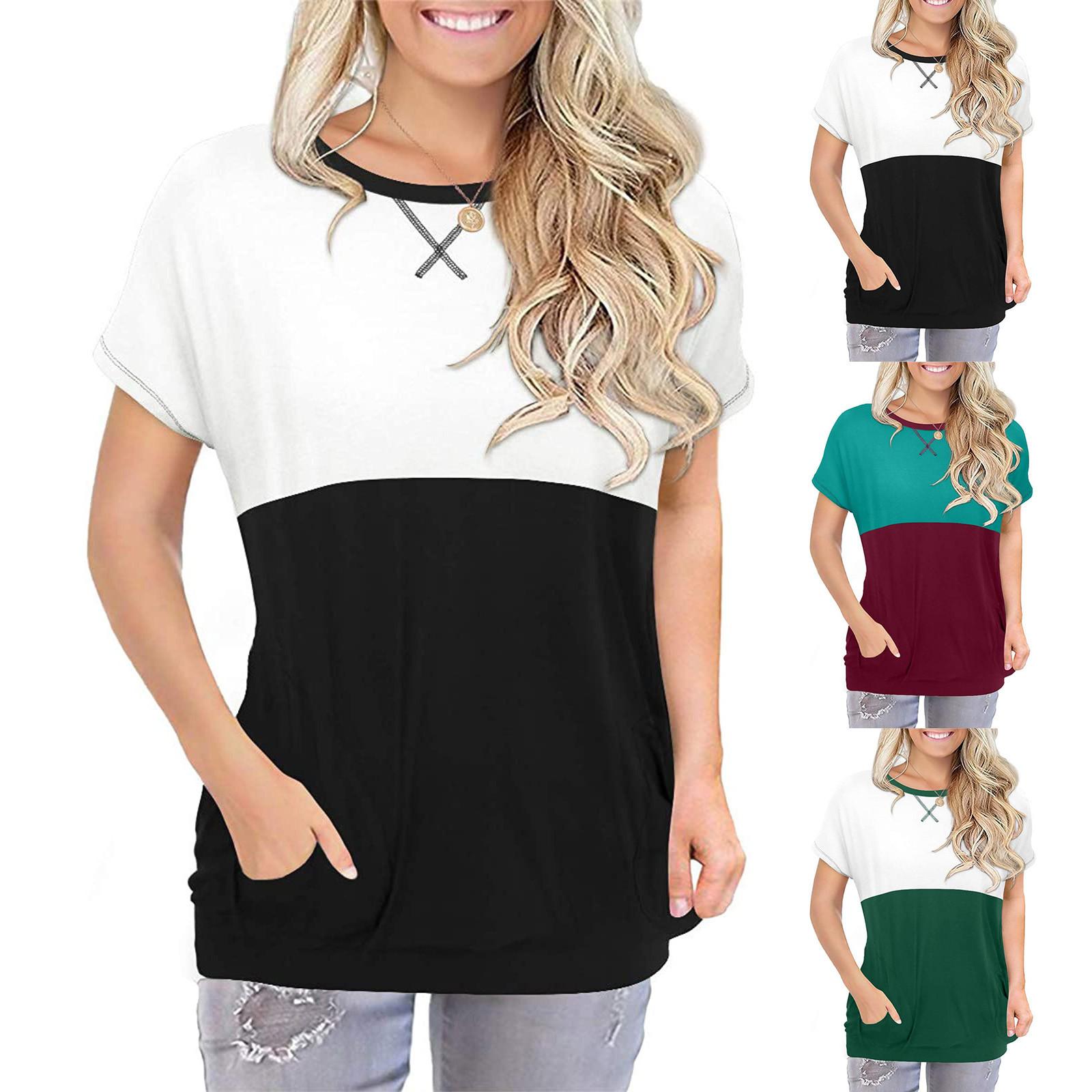 

Женская рубашка с короткими рукавами, поясом и топом с цветными блоками и карманами