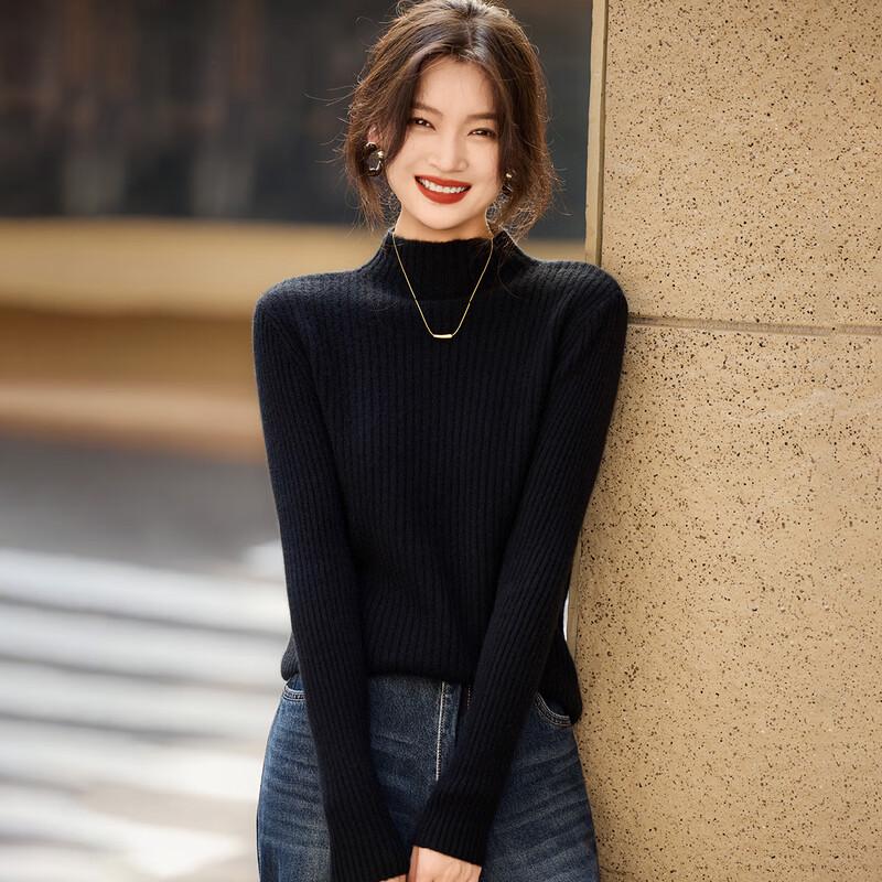 Srcr Women's Thickened Half-High Collar 100% Cashmere Ribbed Sweater