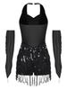 Womens Latin Dance Leotard Halter Sleeveless Backless Sparkling Sequins Tassel Design with Metallic Gloves Performance Wear