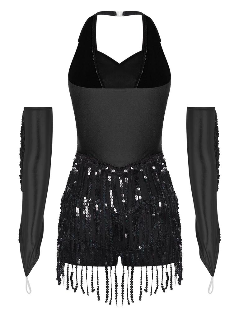 Womens Latin Dance Leotard Halter Sleeveless Backless Sparkling Sequins Tassel Design with Metallic Gloves Performance Wear