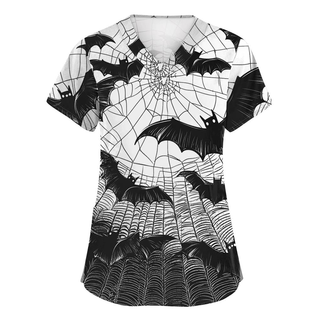 Women's Fashion V-neck Short-sleeved Work Uniform With Pockets, Halloween Print Top