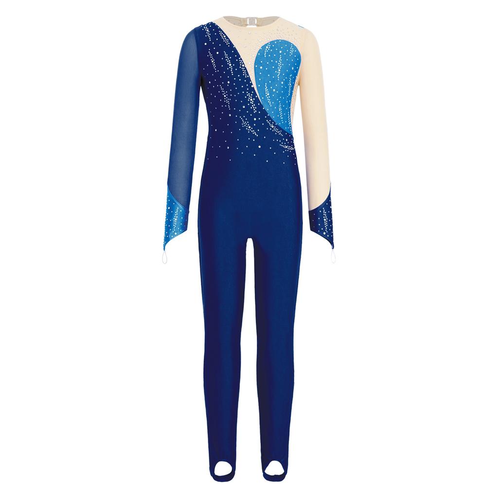 Girls Long Sleeve Finger Holes Keyhole Back Shiny Rhinestones Stirrup Bodysuit Gymnastics Dance Jumpsuit
