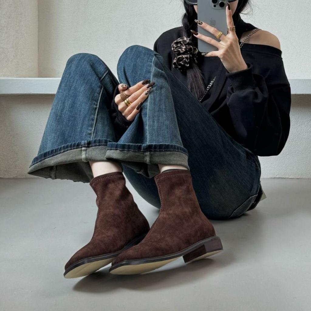 New spot Korean retro round head women's boots suede versatile thick heel heightened thin short boots women's shoes new autumn and winter