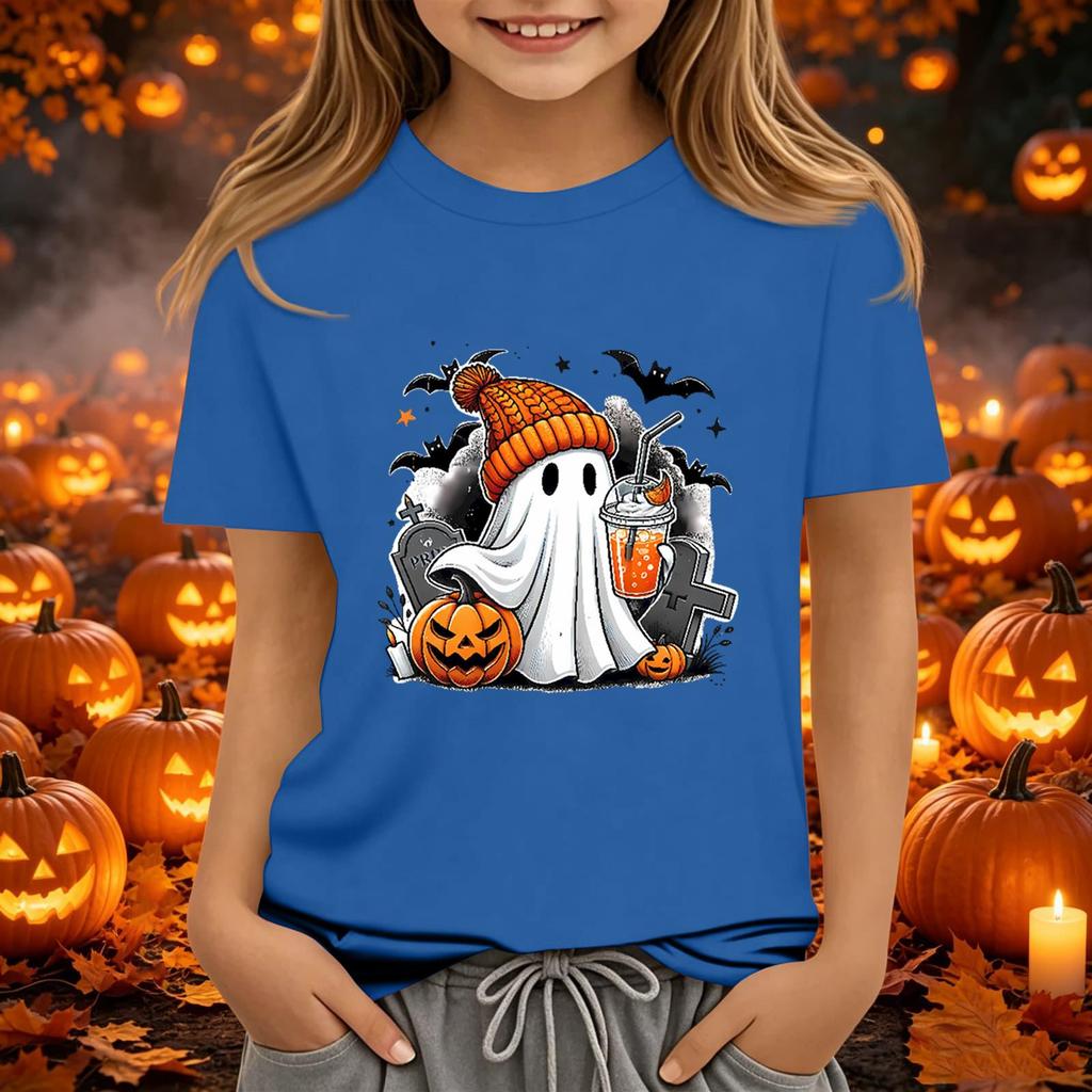 Kids' Halloween Printed Short Sleeve Neck T-Shirt, Loose Fit Top
