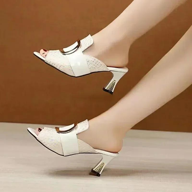 Women's Open Toed Sandals, Women's Elegant High Heels, Spring and Summer Fashionable and Comfortable Thick Mid Heeled Slippers