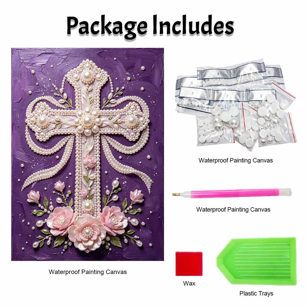 Pearl Painting Set 5D Pearl Mosaic Art Style Religious Cross Flower Theme Home Wall Decoration.