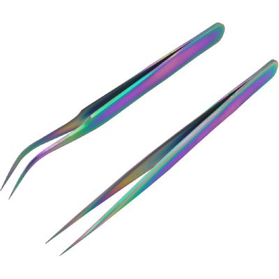 2PCS Stainless Steel Coloured Tweezers Set 1 Straight Tweezers and 1 Curved Tweezers Antistatic Eyelash Tweezers For Diamond Painting Electronics