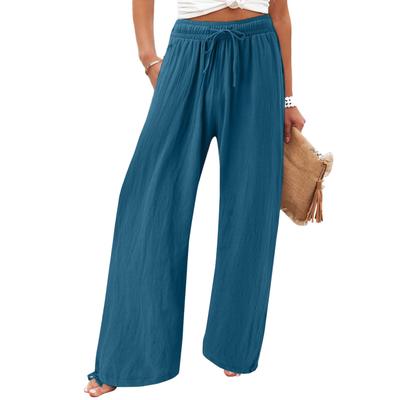 Women Wide Leg Long Pants Elastic Waist Drawstring Closure Pure Color Casual Loose Pants for Daily