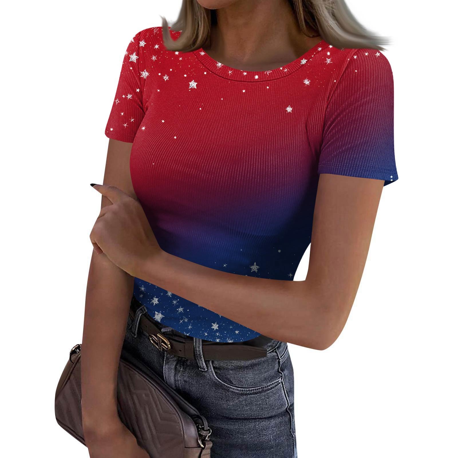 

Women s Casual Fashion Round Neck Independence Day Print Short-Sleeve Ribbed Top XL