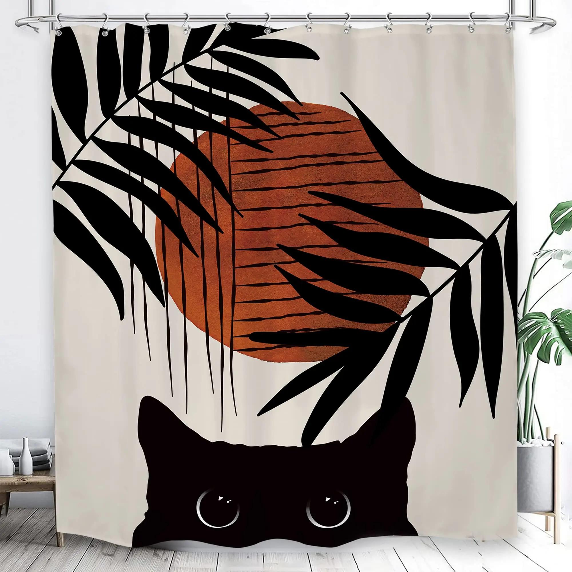 

Cool Black Cat Shower Curtain Hippie Kitty Bathroom Curtain Gothic Retro Green Background Funny Animal Hipster Art Bathtub Decor W90xH180cm