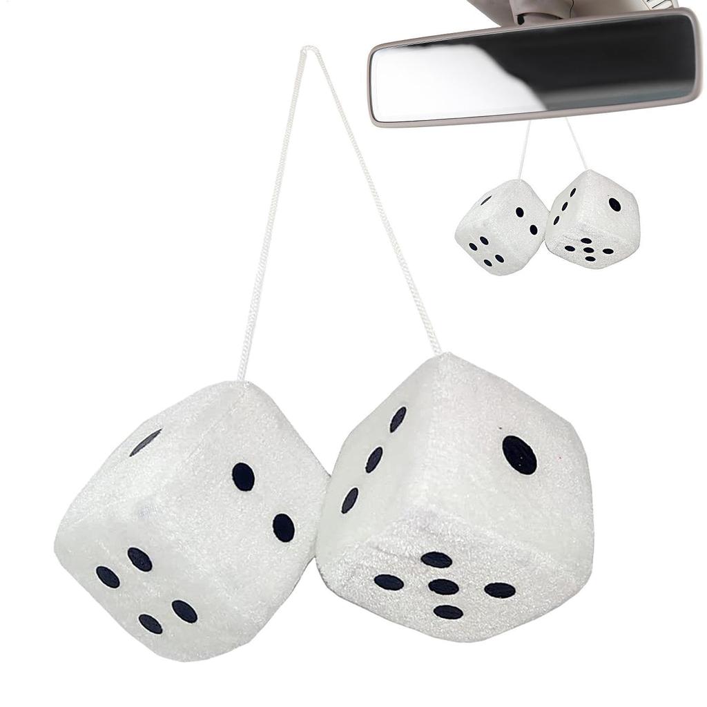Fluffy Plush Dice for Car Mirror - Retro Square Mirror - Pair of Hanging