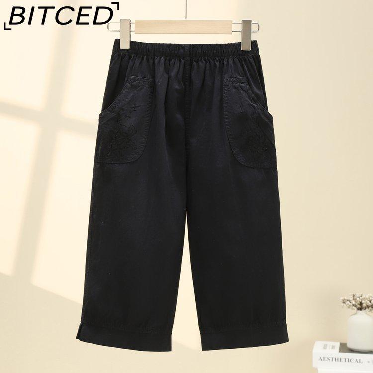 BITCED Summer Women Elastic Waist Straight Trousers Middle Age Older Women High Waist Straight Pants Washed Cotton Cropped Plus Size Pants