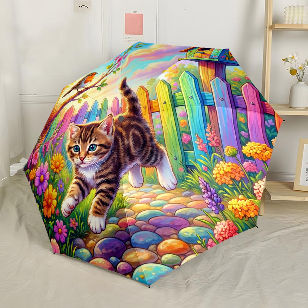 Cat In The Garden Compact Travel Automatic Umbrella Compact & Durable 8-Rib Design Compact Design for Women/Men Compact Folding Umbrella