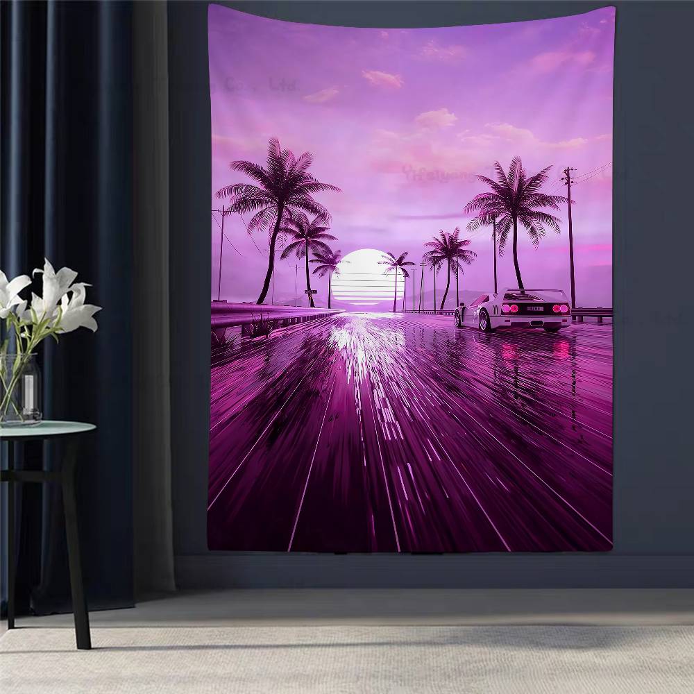 Neon Night City Landscape 80s Retro Cyberpunk Car Printed Large Tapestry Tarot Hippie Wall Rugs Dorm Cheap Hippie Wall Hanging