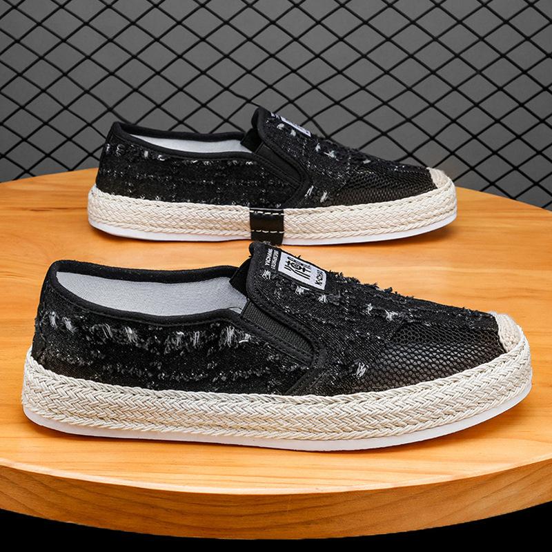 

Мужская обувь Джинсовый дизайн с дырками Спортивная обувь на плоской подошве Модная соломенная толстая подошва Обувь на одной педали 44