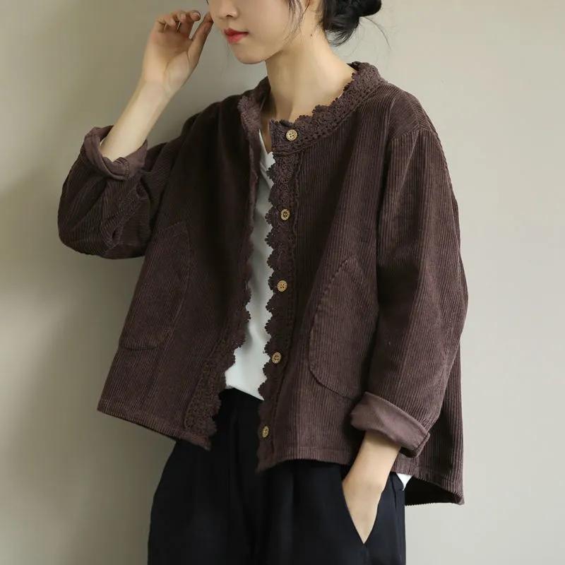 

Loose Long-sleeved Round Neck Jacket Spring Solid Color Corduroy Lace Short Jacket XXXL зелений