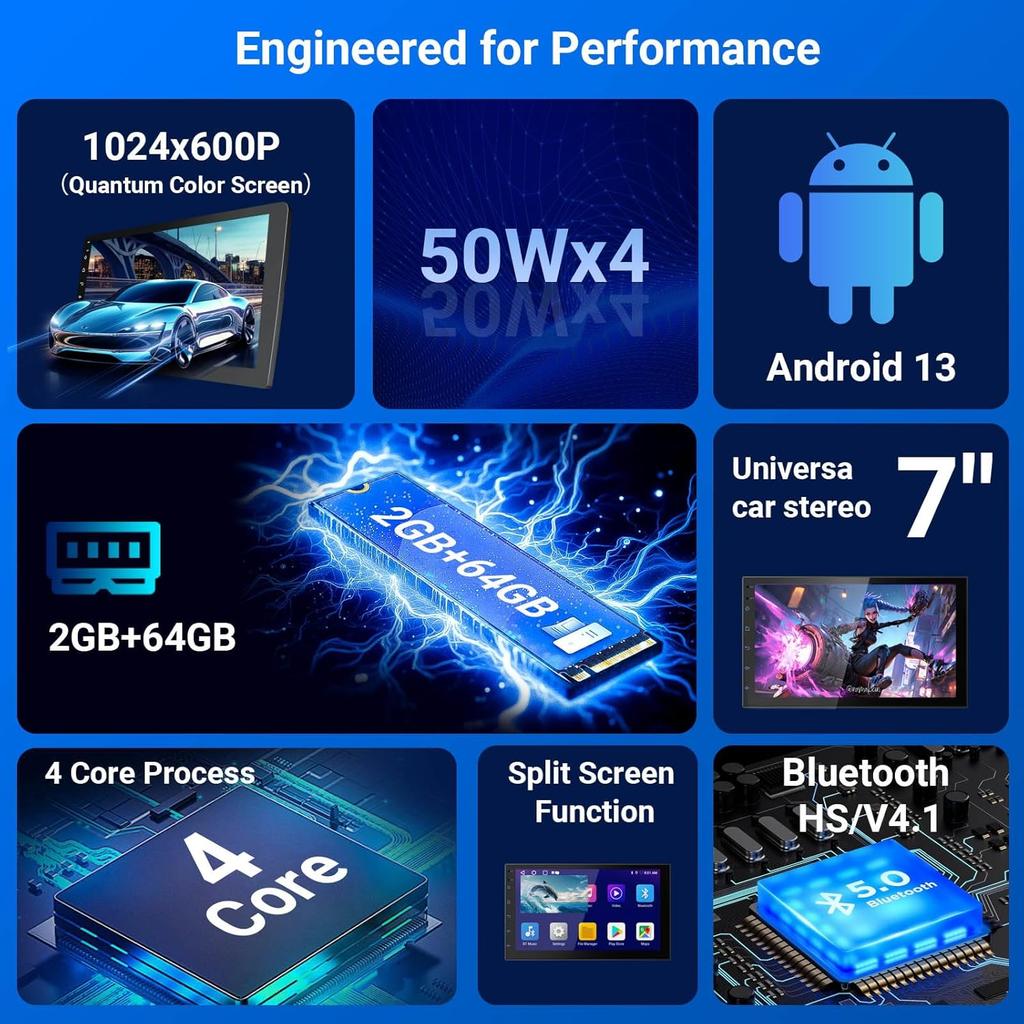 7' HD Double Din Car Stereo with CarPlay, Android Auto, Bluetooth, GPS, Backup Camera, 2+64GB, Voice Control