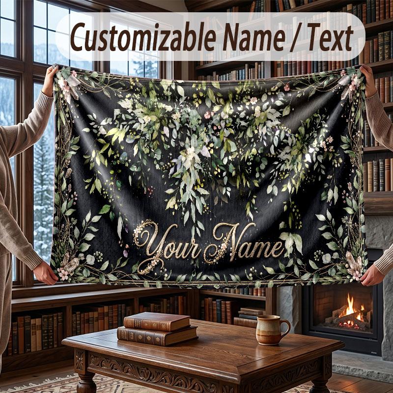 Floral Garden Theme Throw Blanket Custom Name Text Personalized Blanket Soft Cozy Blanket for Home Sofa Bed