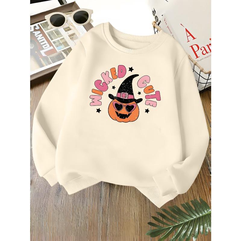 Kids Unisex Crewneck Sweatshirt, Wicked Cute Witch Pumpkin Heart Sunglasses Halloween Print Soft Fleece Pullover, Suitable For Kids Over 4 Years Old