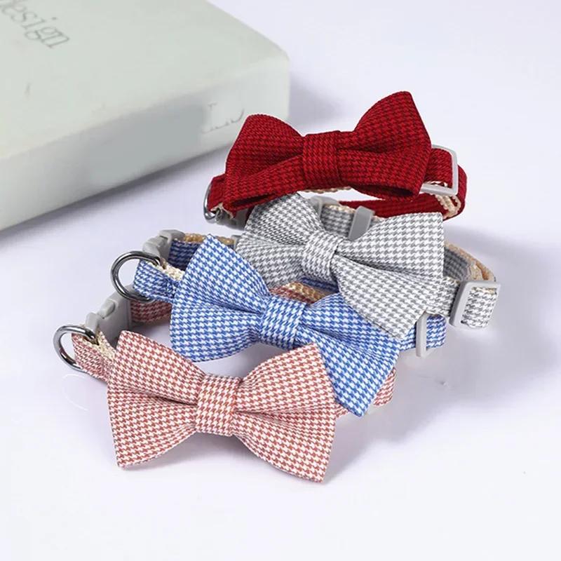 Bow Plaid Collar Pet Puppy Cat Dog Adjustable Neck Collar For Small Dogs Necktie Grooming Bow Tie Sweet Pet Accessories