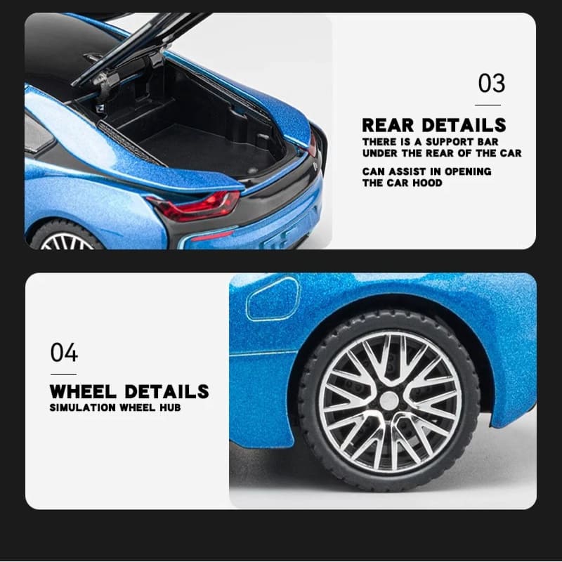 1:32 I8 Slitinový model auta Vysoká simulace Odlévaná hračka se zvukem a světlem Natahovací vozidlo Dekorace hračka Děti Chlapec Dárek Kolekce Ozdoby