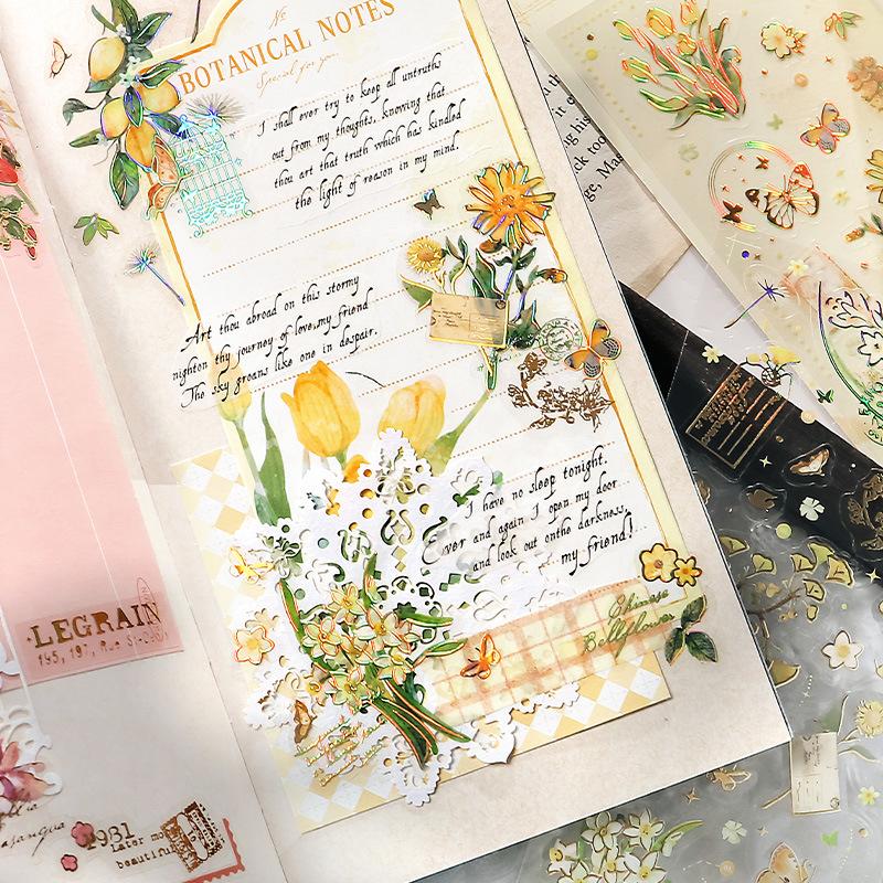 3Pcs Gold Foil Long Strip Flower & Fruit Stickers Retro Luxury Style Journal DIY Collage Decor Supplies