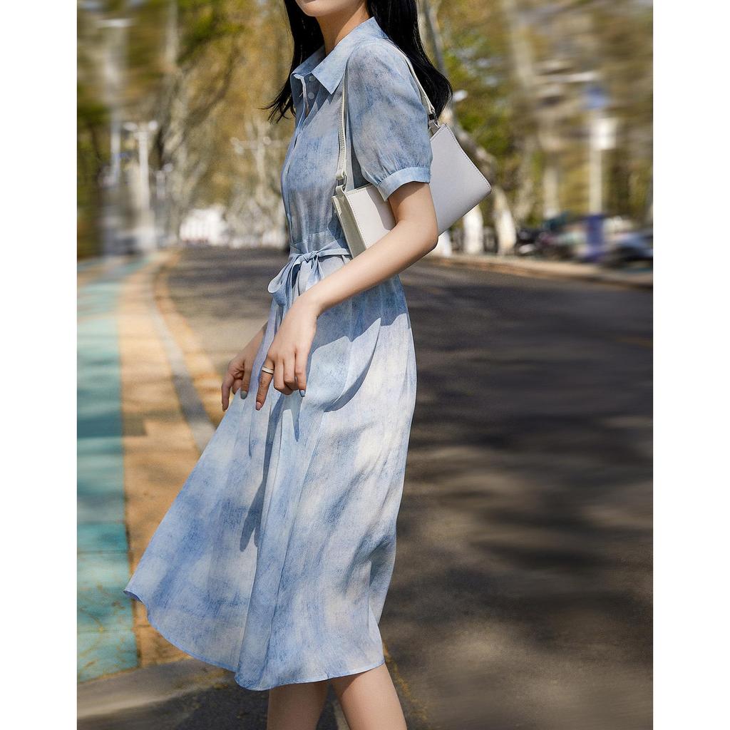 Luxury Tie-Dye Blue Mulberry Silk Dress - Women's Summer 2025 Collection