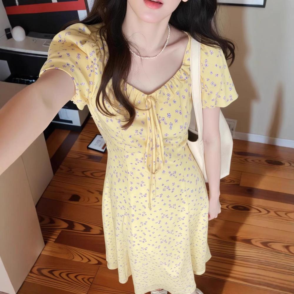French square neck bubble sleeve yellow floral dress children's summer new design waist long dress women