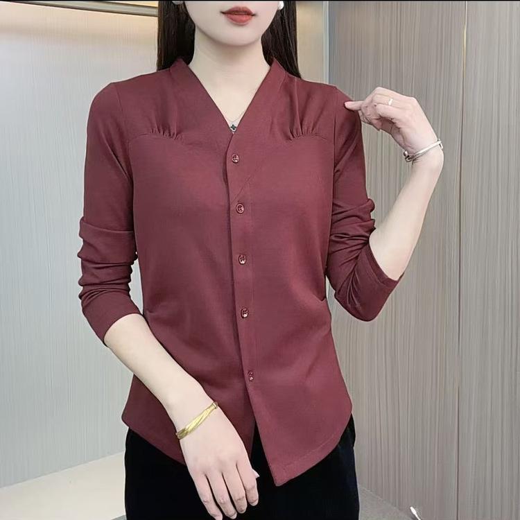

2026 Summer Pleated V-neck Long Sleeve Top - Fashionable, Versatile, Age-defying Style L for 90-110 lbs вино красного