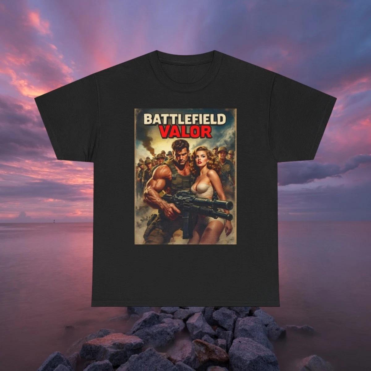 Vintage Pulp Fiction Battlefield Tee 1960s Retro Action Graphic Machine Gun Hero S