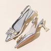 Fashion Pointed Toe Shallow Mouth Stiletto High Heel Shoes Women's Xia New One-word Baotou Sandals with Rhinestone Buckle