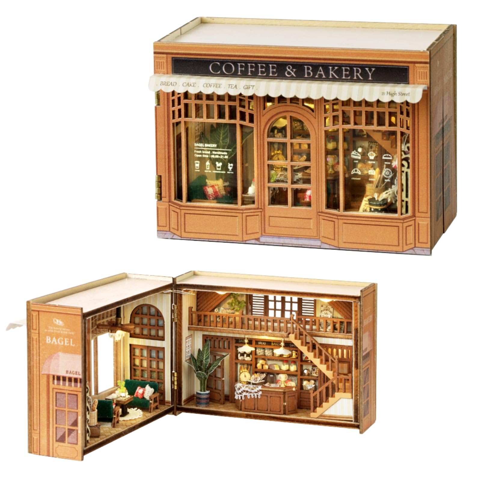 

CUTEROOM Dollhouse Kids Wooden Miniature Coffee Bakery Kit Handmade Toy with and Perfect Gift & (DIY Bread, Cakes, Coffee, Tea, Decorations) -