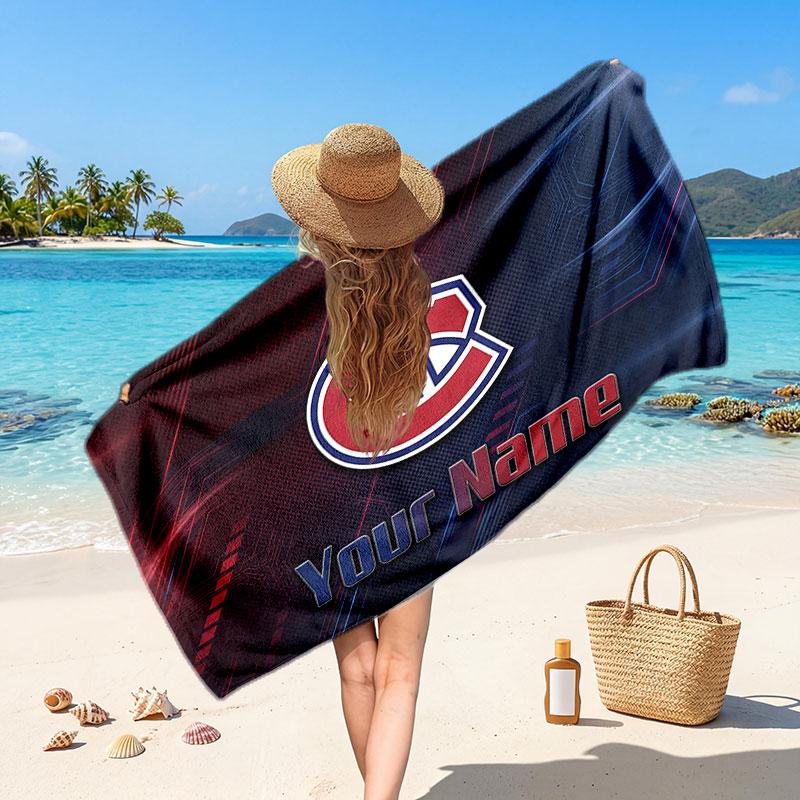 Montreal Canadiens Customized Name Text Beach Towel, Soft Absorbent Towel Beach Pool Travel Personal Gift