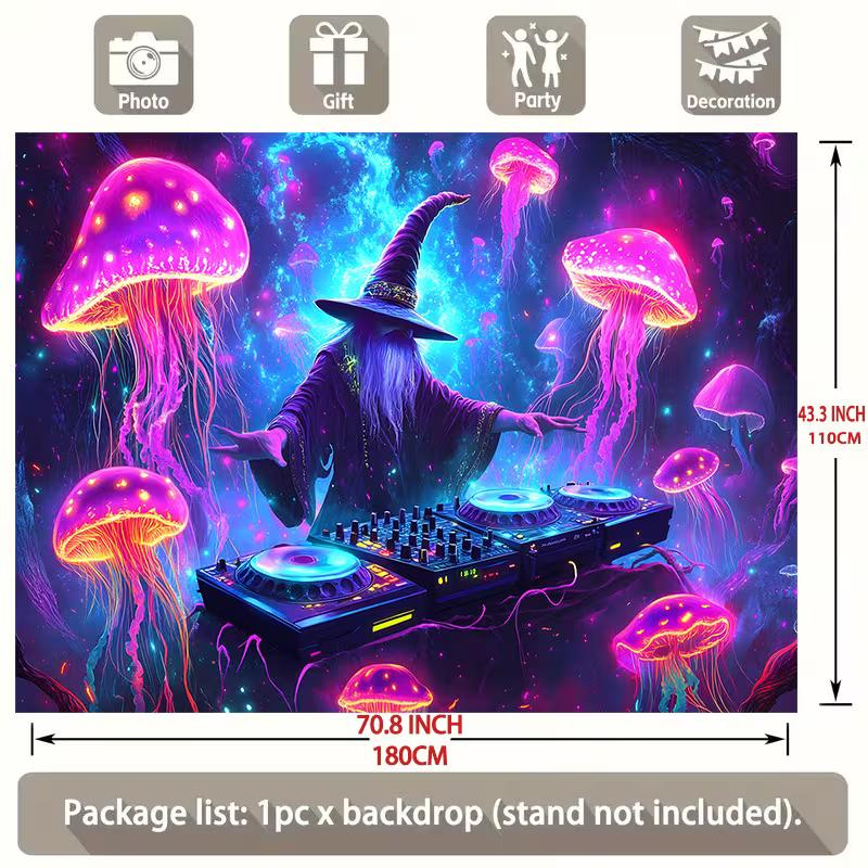 Neon DJ Wizard & Jellyfish Tapestry, Psychedelic Space Wall Art for Bedroom & Music Events