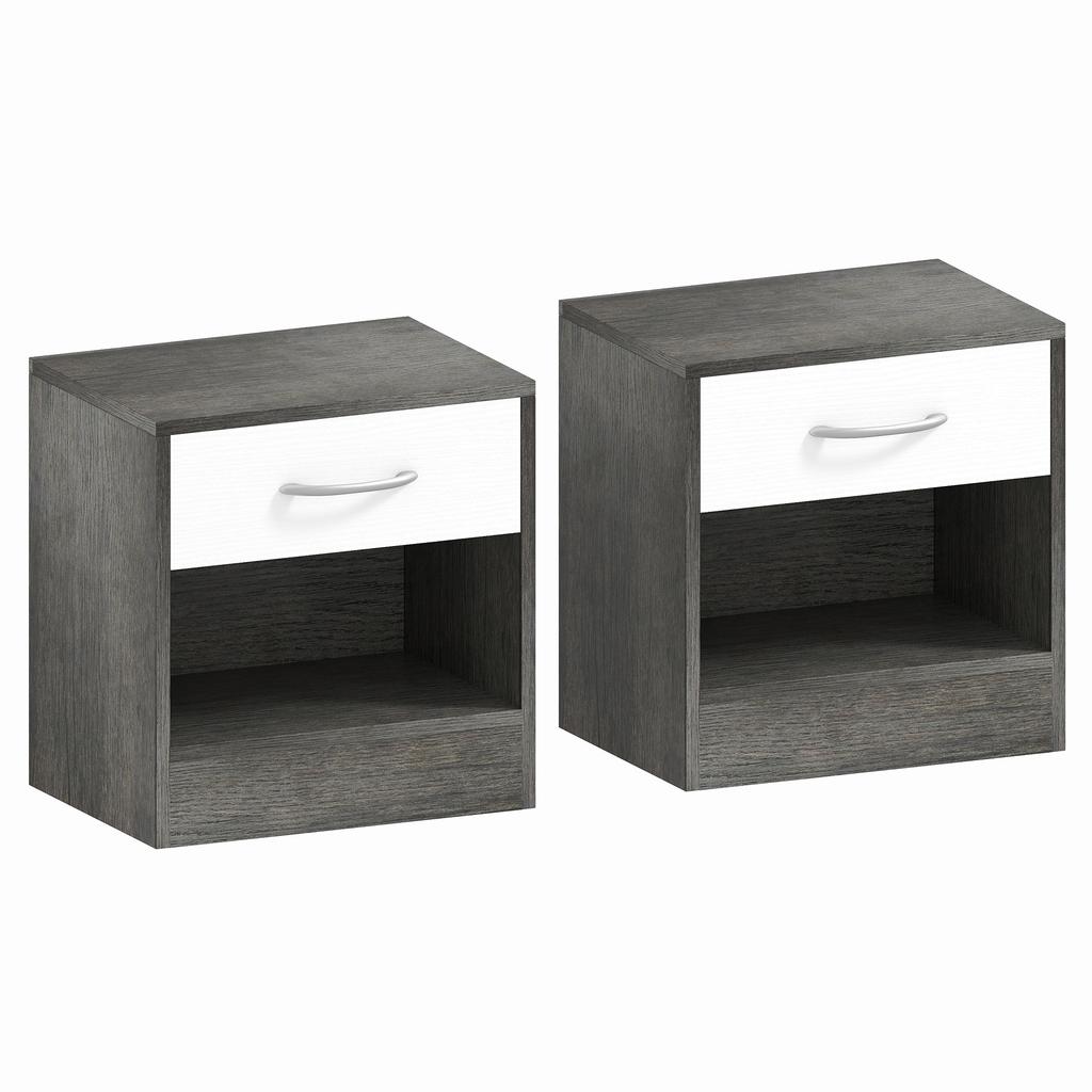 Set of 2 Modern Bedside Tables with Open Shelf and Drawer, in Wood, 39x28x41 cm, White and Dark Gray