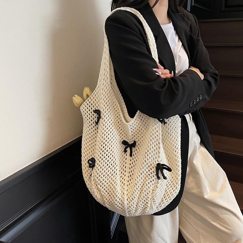 New Khaki Bow Vintage Knit Bag High Quality Woven Bag Large Capacity Daily Wear Shoulder Bag Ladies Hand Bags