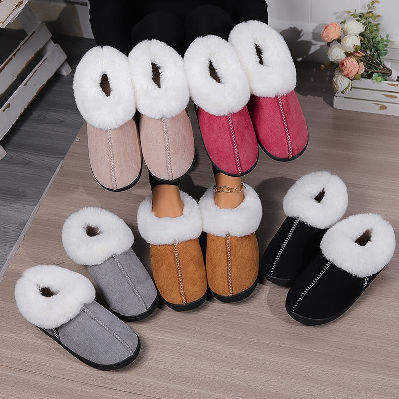 Fashion Rimocy Winter Soft Suede Plush Slippers Women Warm Paded Thicken Cotton Shoes Woman Flat Bottom Wrap Heel Slides Home Shoes