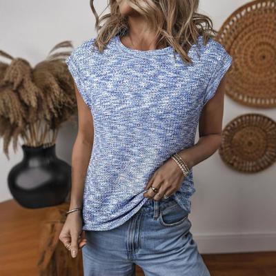 Damen-Tops, Rundhalsausschnitt, kurze Ärmel, Waffelstruktur, einfarbig, locker geschnitten, Stricktop, Alltags-Freizeitkleidung