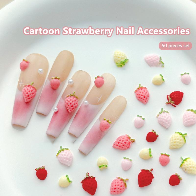 50Pcs Sweet Strawberry Nail Charms 3D Resin Cartoon Fruits Nail Rhinestones Decorations Parts Diy Summer Nail Art Accessories