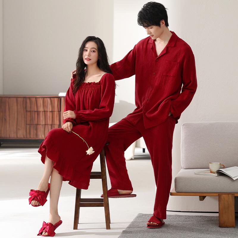 Couple pajamas wedding spring and autumn pure cotton red women's pajamas natal year newlywed men's long-sleeved loungewear suit