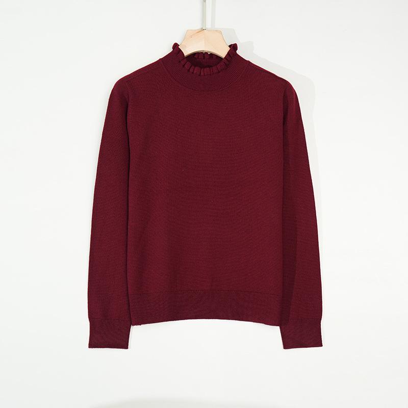 Autumn Winter Women's Seamless Wool Sweater – Ruffle Trim, Slim Fit, High Neck, Machine Washable Base Layer, Solid Color.