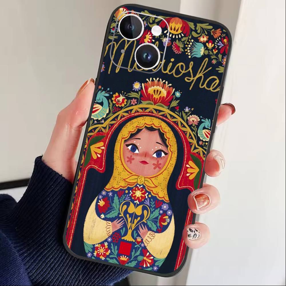 Russian Dolls Matryoshka Phone Case For iPhone17,16,15,14,13,12 Plus,Max Soft Silicone Black Cover