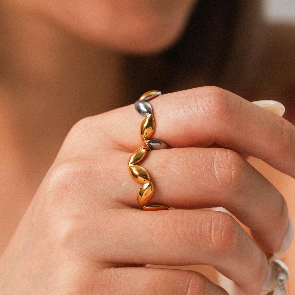Irregular Open Ring with Gold Beans, Niche Design, Non-fading Titanium Steel Ring for Women