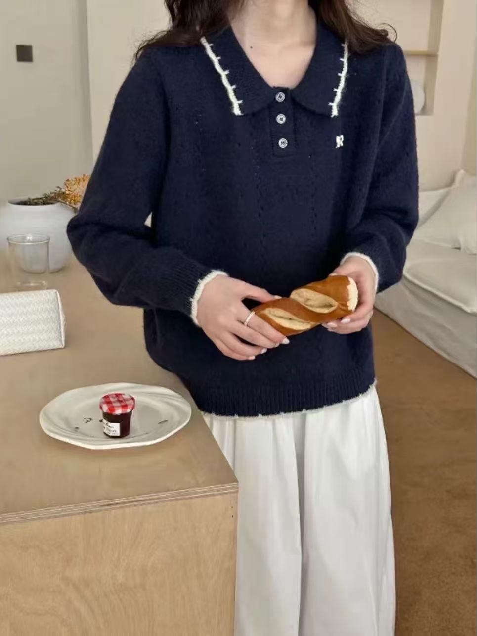 

Susan Korean Style Lapel Long Sleeve Loose Knit Sweater for Women - Autumn Versatile Pullover Top темно-синий