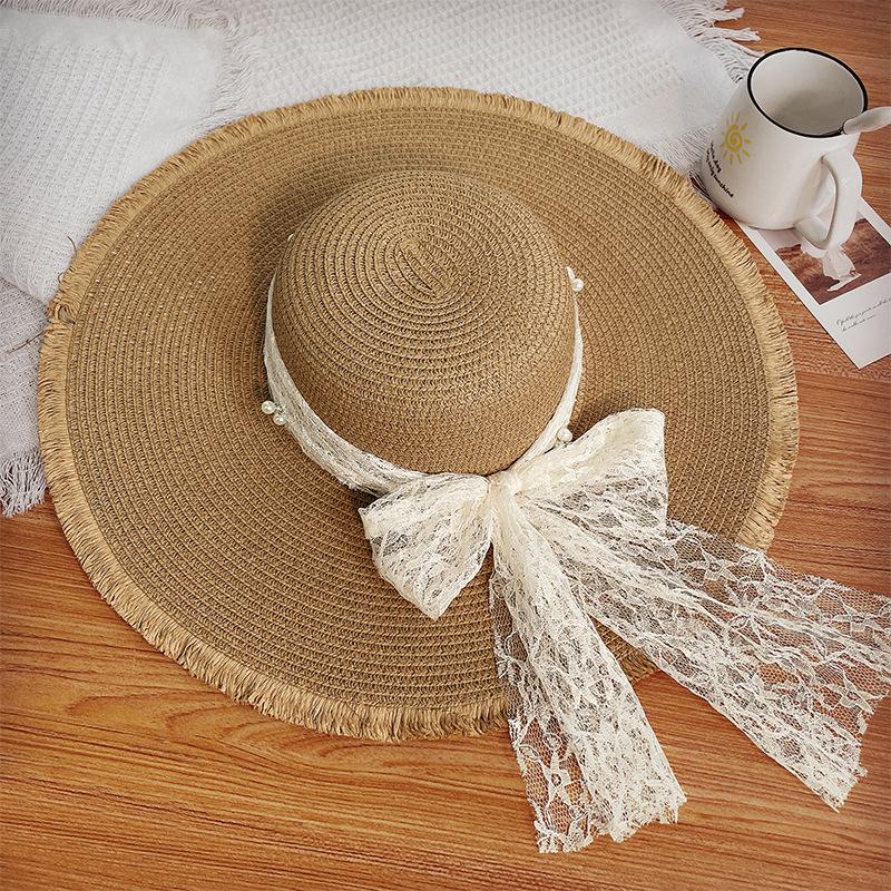 Idyllic lace bow straw hat women's summer big brim sun protection hat seaside vacation beach bucket hat