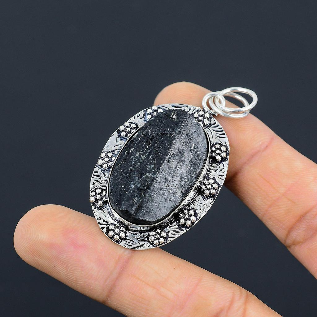 Womens Day Sale Black Tourmaline Rough Stone Sterling Silver New Pendant Jewelry